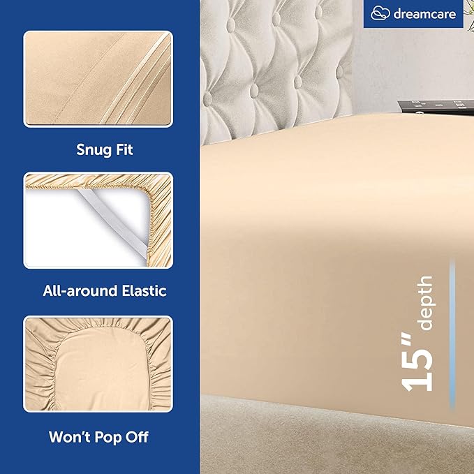 DREAMCARE King Size Sheets Set - 6 pcs Breathable Cooling Bed Sheets - up to 15" Deep Pocket King Sheet Set with Side Pockets - Extra Soft 100% Brushed Hypoallergenic Hotel Luxury Bedding - Wheat