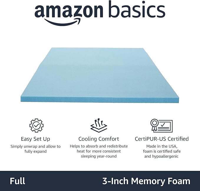 Amazon Basics Full Size Cooling Gel-Infused Memory Foam Mattress Topper, CertiPUR-US Certified, 3 Inches, Blue