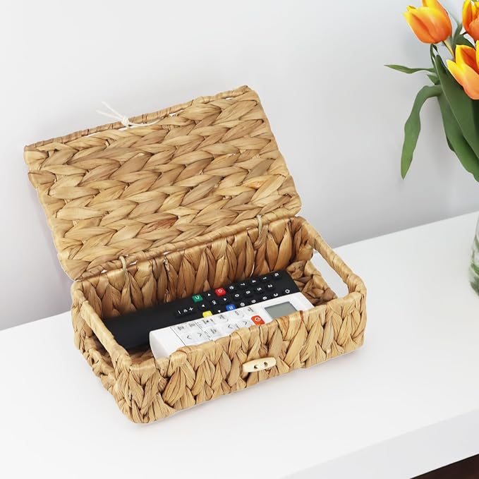 Small Basket with Lid, Wicker Storage Basket for Organizing, Rectangular Woven Basket for Storage, Water Hyacinth Decorative Boxes Bins with Lids (9" x 5.1" x 3") - Image 2