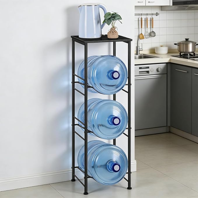 OYEAL Water Jug Holder Stand 5 Gallon Water Bottle Holder Organizer with Shelf, Heavy Duty 3 Tier Water Bottle Storage Rack for Kitchen, Office, Living Room, Black - Image 5