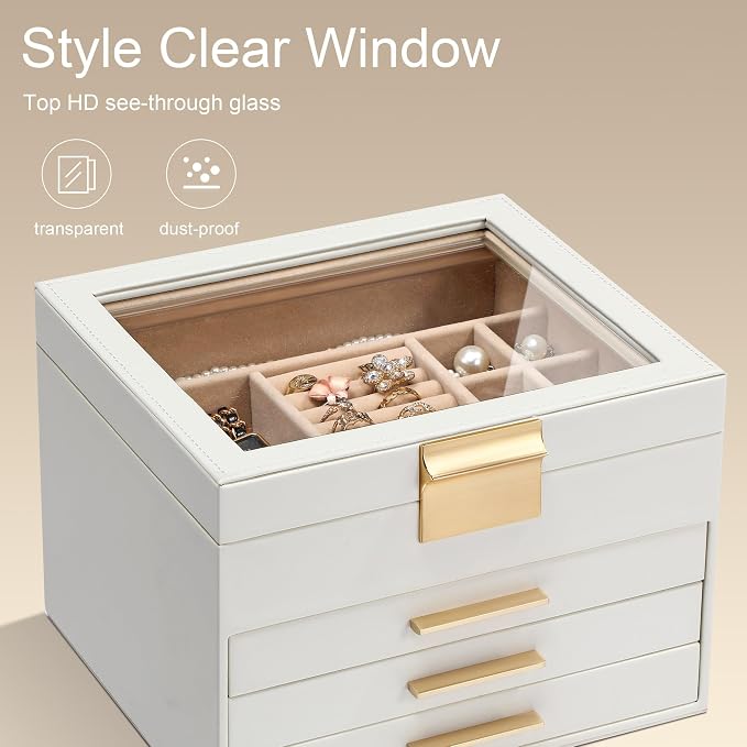 Somduy Jewelry Box Organizer for Women,4 Layers Jewelry Storage Display Box with Glass Lid,Gift for Christmas,3 Drawers,Large Capacity for Necklace Earrings Bracelets Rings,White - Image 4