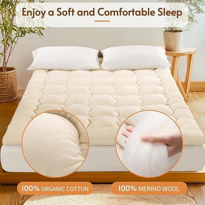 Luxury 100% Organic Wool Mattress Topper Made from Australian Merino,Extra Thick Pillow Top Mattress Pad with 100% Cotton Cover, Fuffy Mattress Cover (Beige, Queen(60"x80"))