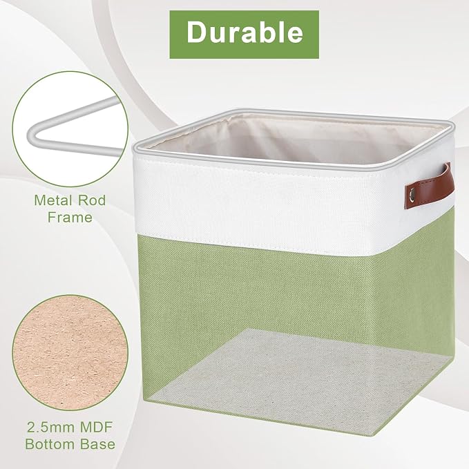 Bagnizer Collapsible Fabric Storage Cubes 11x11 Cube Storage Bins, 4 Pack Closet Baskets Box with Handles for Organizing, Shelf, Toys, Clothes, Home, Office, Nursery (Green&White) - Image 4