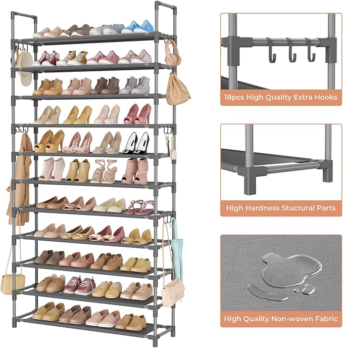 LANTEFUL 11 Tiers Tall Shoe Rack Holds 55 Pairs of Shoes with 18pcs Hooks Sturdy Wide Shoe Organizer Storage Free Standing Metal Shoe Shelf for Closet, Entryway Grey - Image 4