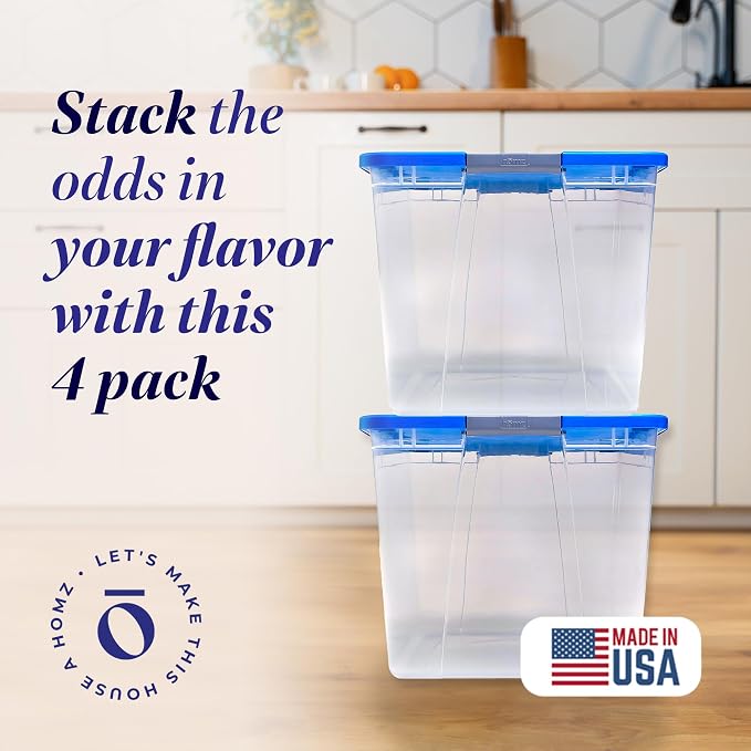 HOMZ 4-Pack Secure Latch, Clear Plastic Storage Organizer Bins, 64 Quart, Blue Lid - Stackable Container Boxes for Bedroom, Bathroom, Garage, and Office Organization - Image 2