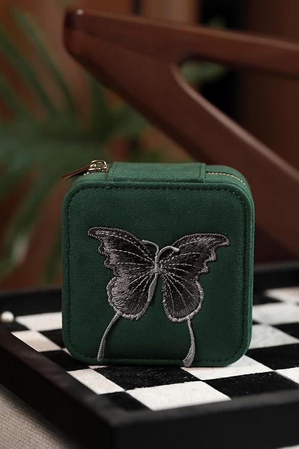 S.Leaf Travel Jewelry Organizer Boxes for Women Small Portable Necklace Earrings Bracelet Rings Travel Case Best Friend Birthday Gifts for Women Trendy (Butterfly_Green_Gray) - Image 2