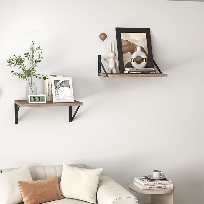 Heimlove Deep Floating Shelves for Wall, 16W x 12D Rustic Grey Wood Wall Shelves Set of 2, Large Floating Shelf for Living Room, Kitchen, Office, Bedroom and Decor Storage, with Metal Bracket - Grey - Image 6