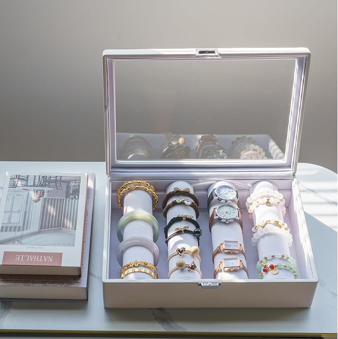 Bracelets Organizer Rods Bangles Display Holder, Clear See through Lid Leather Velvet Jewelry Storage Box Case for Women, 4 Rods White Leather - Image 8