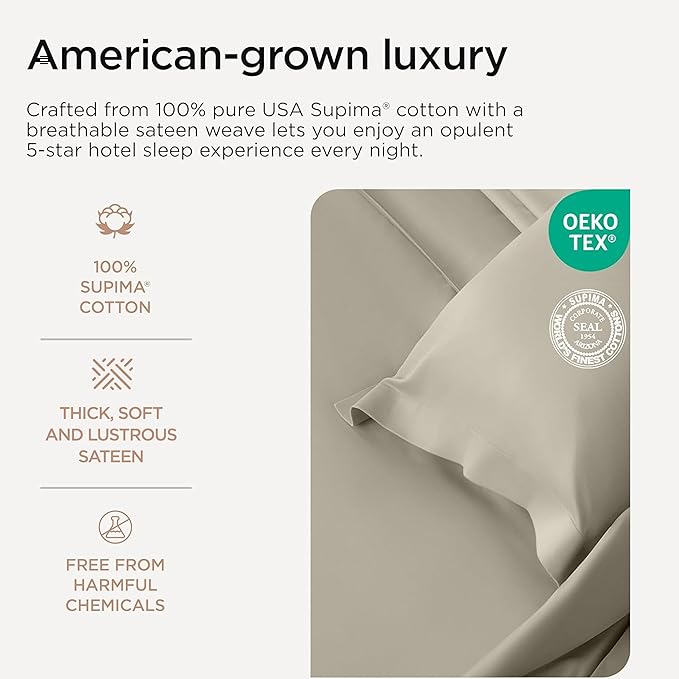 Threadmill Supima King Size Sheets, 1000 Thread Count, 4 Piece American Luxury Bed Sheets for King Mattress, 5 Star Hotel Quality Cotton Sheets with Elasticized Extra Deep Pocket, Taupe