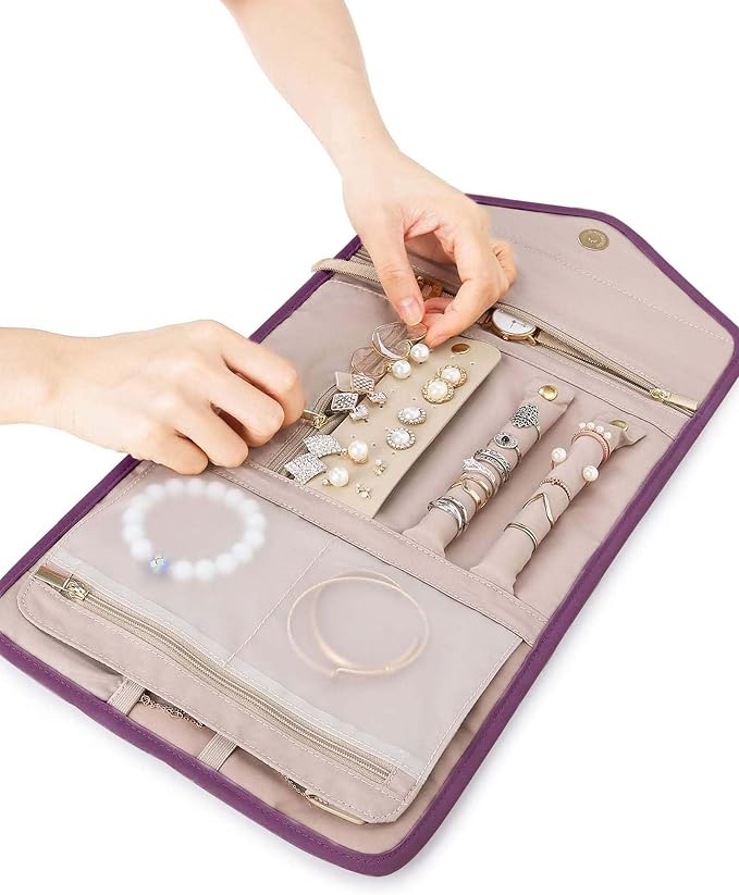 BAGSMART Travel Jewelry Organizer Roll Foldable Jewelry Case for Journey-Rings, Necklaces, Bracelets, Earrings,Purple - Image 8