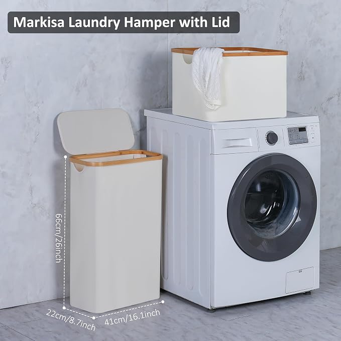 Slim Laundry Hamper,Narrow laundry Hamper with Lid,60L Hamper for Laundry,Dirty Cloth Hamper with Bamboo Handle for Toys,Towels, Clothes Organizing,Beige - Image 3
