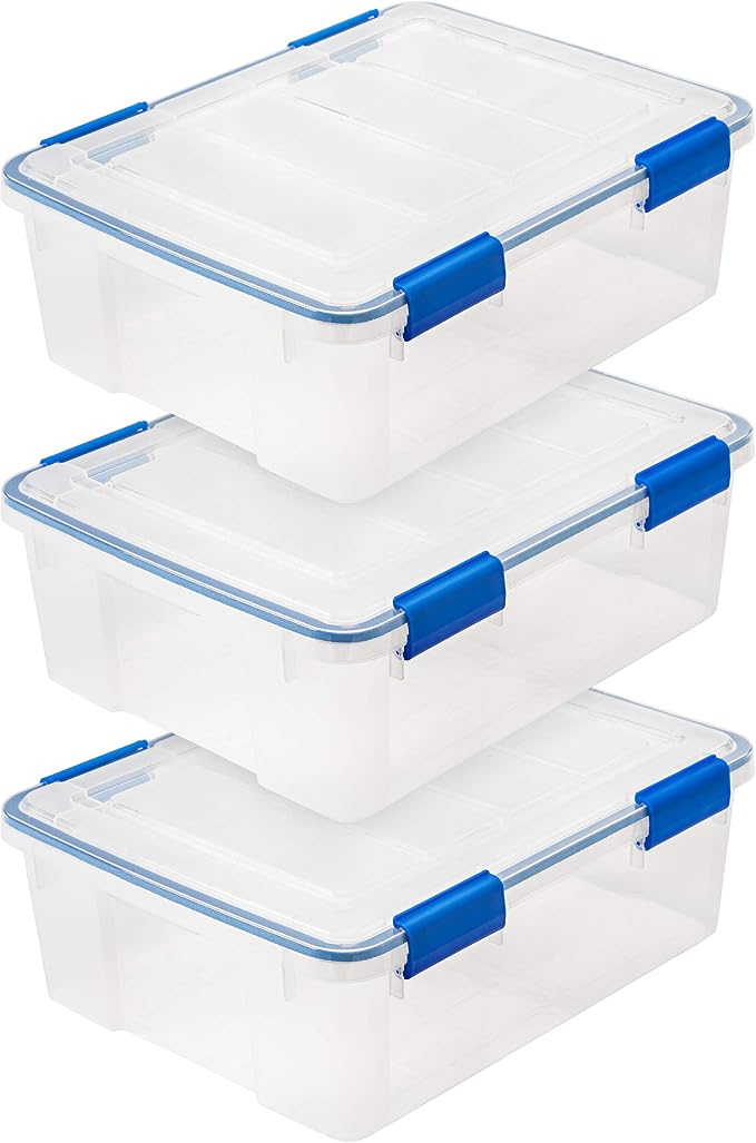 IRIS USA WeatherPro 27 Qt Storage Bins with Lids, 3 Pack, BPA-Free Plastic Gasket Box with Tight Latch and Seal, Stackable Nestable Tote Tub - Clear/Blue by IRISUSA