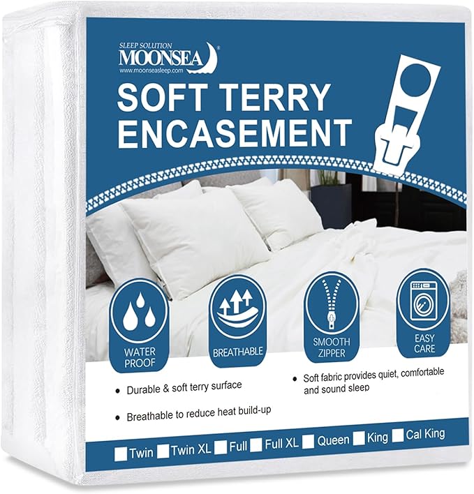 Moonsea Full Size Mattress Protector Zippered, Soft Terry Surface Mattress Cover for Kids, 6-Side Waterproof Mattress Encasement, Well Made Zipper, Noiseless, for Full Mattress (10-14 Inch) 54 * 75