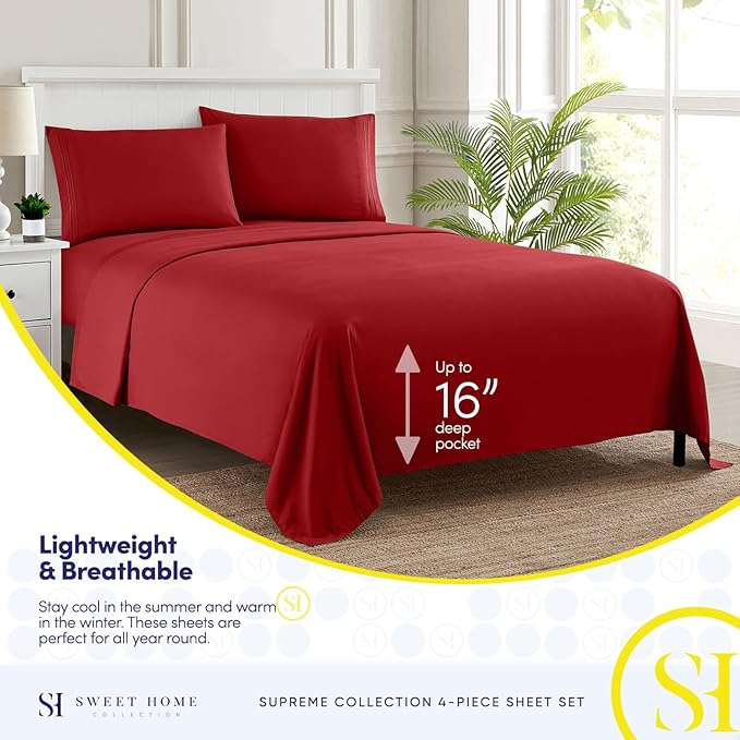 Split King Sheets - Breathable Luxury Sheets with Full Elastic & Secure Corner Straps Built In - 1800 Supreme Collection Extra Soft Deep Pocket Bedding Set, Sheet Set, Split King Size, Red