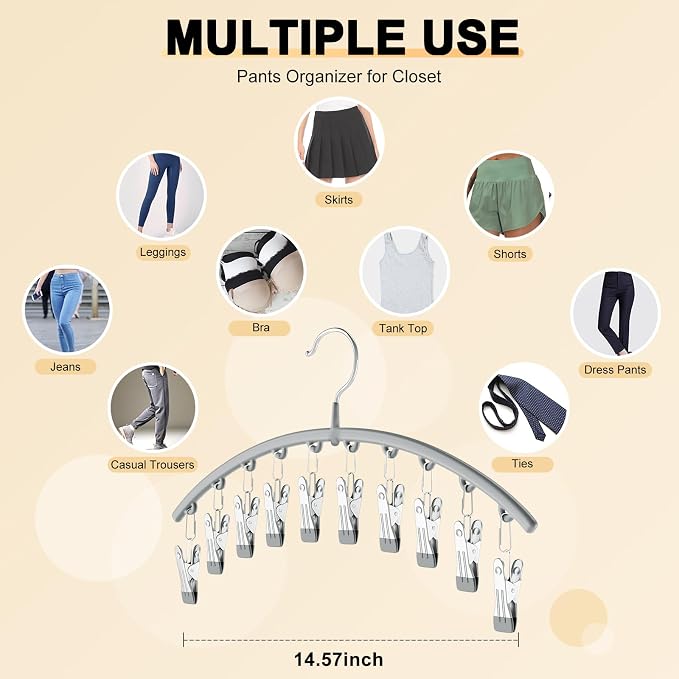 Volnamal Legging Organizer for Closet, Metal Yoga Pants Hanger w/Rubber Coated 4 Pack w/10 Clips Hold 40 Leggings, Hangers Space Saving Hanging for Closet Organizers and Storage-Gray - Image 5