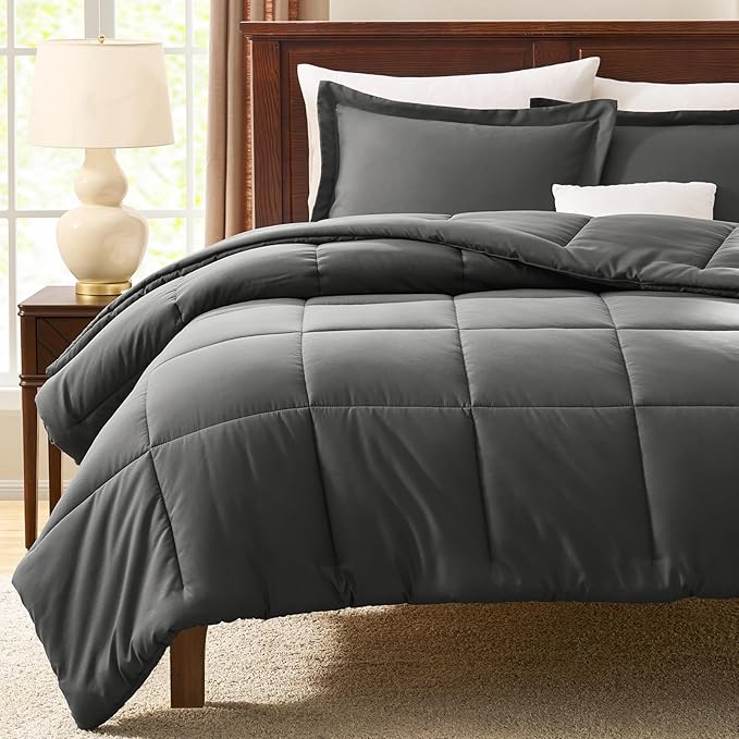 CozyLux King Size Comforter Set - Dark Grey Comforter King Size, 3 Pieces Box Stitched Bed Set for All Seasons, Soft Lightweight Bedding Sets with 1 Down Alternative Comforter and 2 Pillow Shams