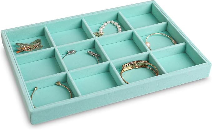 Frebeauty Stackable Velvet Jewelry Organizer Trays for Drawers Inserts Jewelry Storage Tray Display Case, Stud Earrings Bracelets Necklace Rings Accessories Trays for Women(Set of 2)(Turquoise) - Image 4