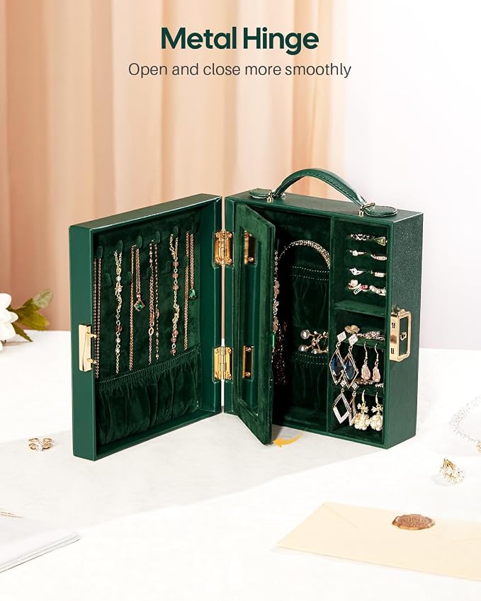 Enthralite Large Travel Jewelry Case: Portable Necklace Box with Mirror - PU Leather & Velvet Lined Jewelry Organizer for Ring Earring Bangle Bracelets Watch - Birthday Gift for Her - Image 3