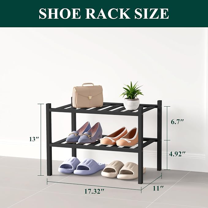 Smiry Bamboo Shoe Rack for Closet, 2 Tier Small Wooden Stackable Shoe Organizer, Free Standing Shoes Storage Shelf for Entryway, Front Door Entrance, Black - Image 2