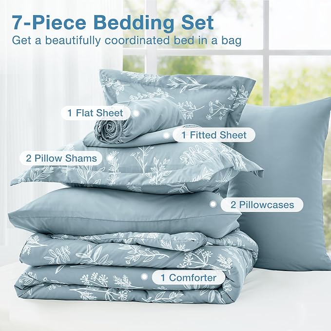 MUXHOMO Mineral Blue Bed in a Bag Queen 7 Pieces, Queen Comforter Set Reversible Botanical Flowers Design, Ultra Soft & Breathable Bedding Sets with Comforter, Sheets, Pillowcases & Shams