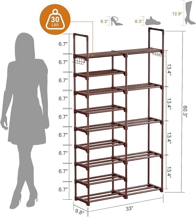 WOWLIVE 9 Tiers Large Shoe Rack Brown Shoe Rack Organizer for Closet 30-35 Pairs Stackable Heavy Duty Shoe Shelf Shoe Storage with Metal Pipes Plastic Connectors - Image 3