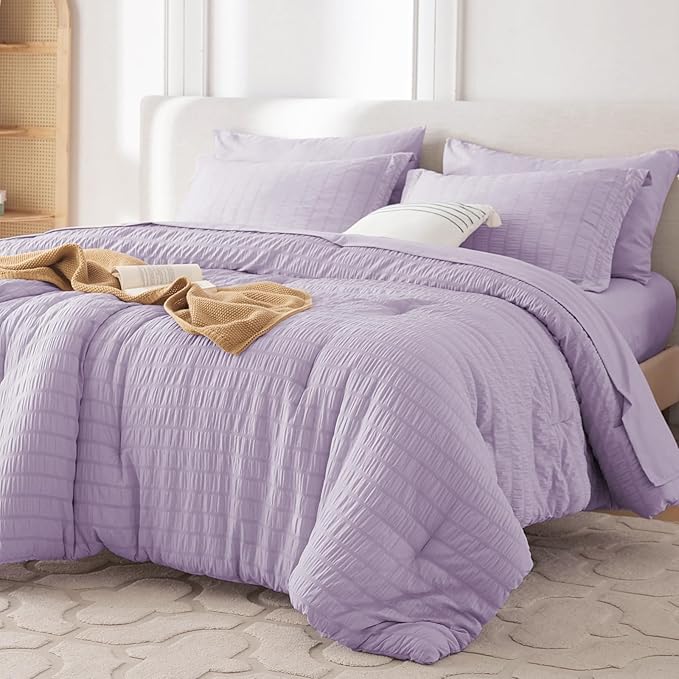MUXHOMO 5 Pieces Twin XL Comforter Set, Seersucker Bed in a Bag Twin XL Size, All Season Luxury Bedding Set with Comforter, Flat Sheet, Fitted Sheet, Pillowcase & Sham, Lavender