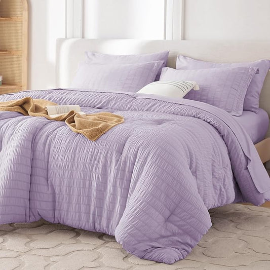 MUXHOMO 5 Pieces Twin XL Comforter Set, Seersucker Bed in a Bag Twin XL Size, All Season Luxury Bedding Set with Comforter, Flat Sheet, Fitted Sheet, Pillowcase & Sham, Lavender