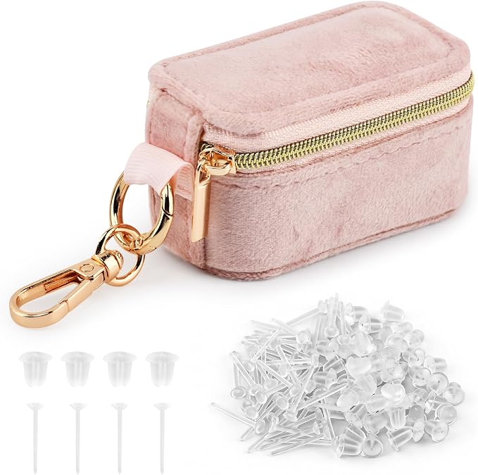 Velvet Mini Travel Jewelry Case, 2 in 1 Ring Holder Keychain + 50 Plastic Earrings, Portable Small Jewelry Organizer for Women, Travel/Gym/Wedding/Bridesmaid Gift - Image 3