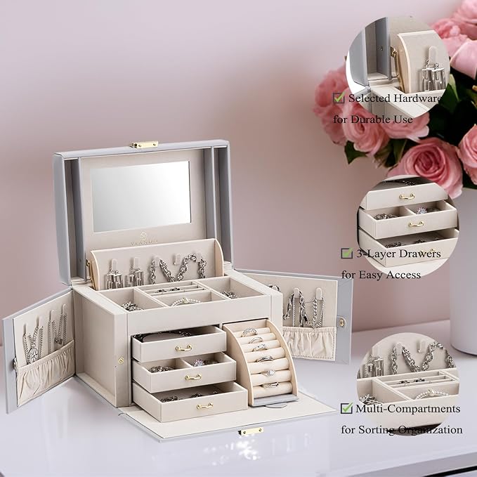 Vlando Mirrored Jewelry Box Organizer, Leather Jewelry Storage Case, Necklaces Earrings Rings Brackets Box Holder, Light Gray - Image 3