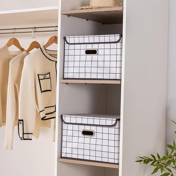 STOREONE Fabric Storage Cube Bins Foldable Organizer Container Collapsible Basket with Lids and Metal Handles, for Home, Bedroom, Closet 3 Pcs (White grid) - Image 5