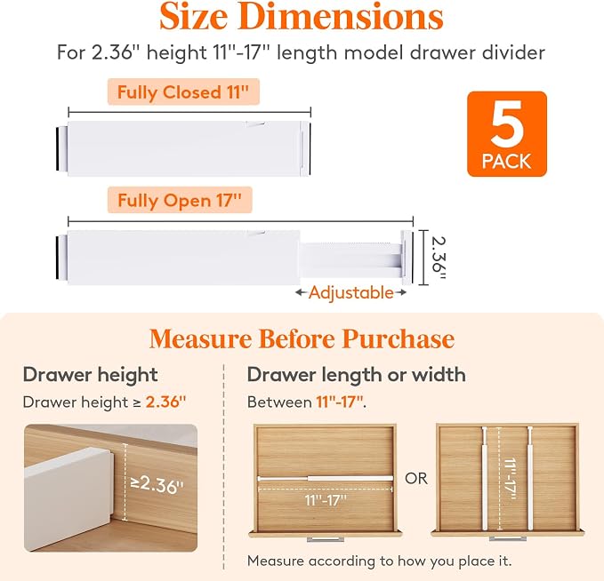 Lifewit 5 Pack 2.36" High Drawer Dividers 28-43.5cm/11-17" Adjustable Drawer Organizer for Clothes/Utensils, Expandable Drawer Separator in Dresser/Kitchen/Bedroom/Office Organization & Storage White - Image 2