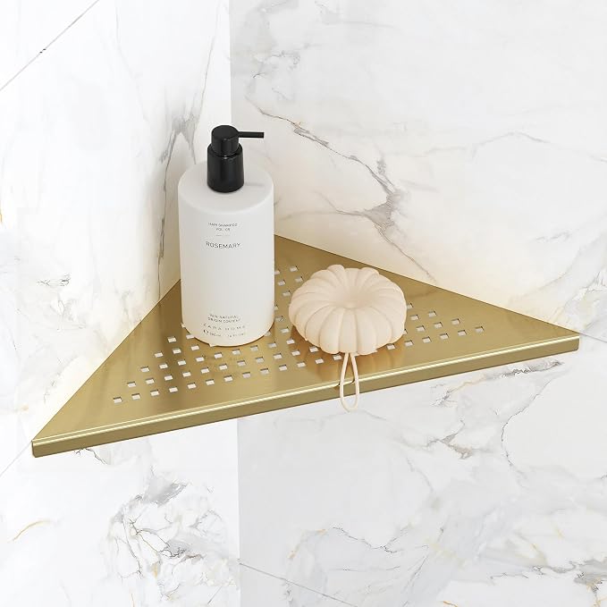 Qeke Bathroom Corner Shelf, Recessed 10" Shower Shelf Caddy, SUS304 Stainless Steel Shelf Wall Mount Triangular, No Drilling, Brushed Golden by Qeke