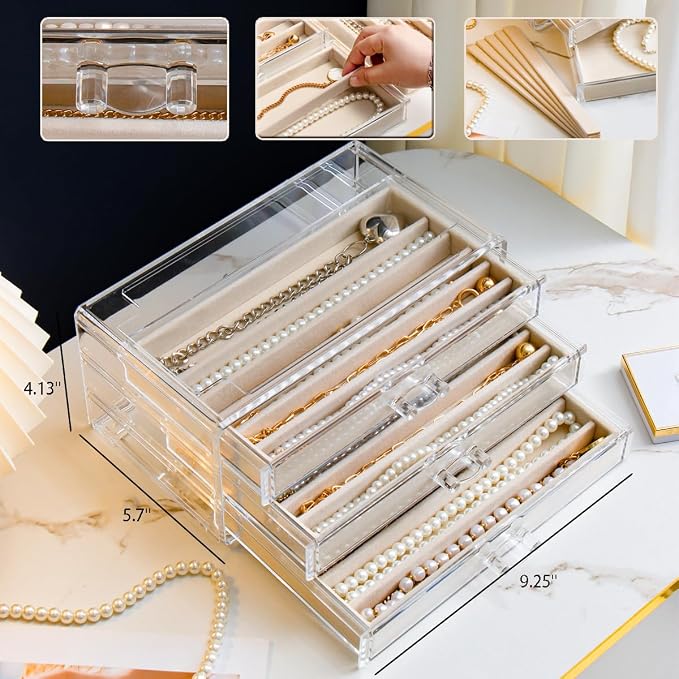 YUFONG Necklace Holder Organizer, Dustproof Necklace Box Velvet Necklace Organizer Box with Lid Clear Acrylic Dustproof Stackable Jewelry Displays for Necklaces Chain Display (Beige, 3 Drawer) - Image 6