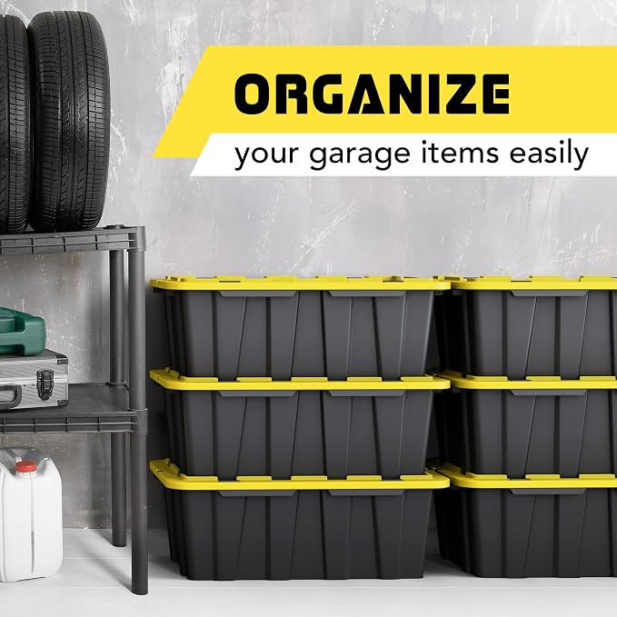 8 PACK Medium Black & Yellow Storage Bins | Plastic Tote Organizing Container with Secure Latching Lids, Stackable, Extra Strength with Built in Handle | Black and Yellow Bins | 24.5" x 16.5" x 9" - Image 5