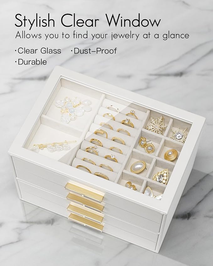 VLANDO Jewelry Box for Women, Glass Lid Jewelry Organizer with 4 Drawers for Necklaces Rings Earrings Bracelets Christmas Gift - White - Image 4