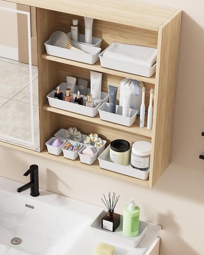 BiuLeon 25 PCS Plastic Drawer Organizers Set, 4-Sizes Vanity and Makeup Organizer, Desk and bathroom Drawer Organizer Trays, Organizers and Storage for Makeup, Jewelry, Gadgets, Utensils (White) - Image 6