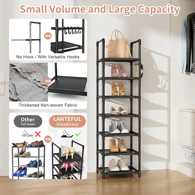 LANTEFUL Tall Shoe Rack 7 Tier Narrow Shoe Shelf Storage for 7-14 Pairs Shoe and Boot, Sturdy Shoe Storage Space Saving Corner Shoe Rack Organizer for Closet, Entryway, Living Room, Black - Image 6