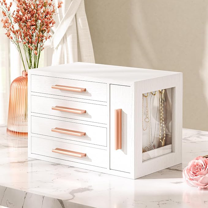 HOOBRO Jewelry Box for Women, Wooden Jewelry Organizer with Transparent Window, 4-Layer Jewelry Organizer Box, Jewelry Holder Organizer for Earrings, Necklaces, Rings, White and Gold WD09JB04 - Image 4