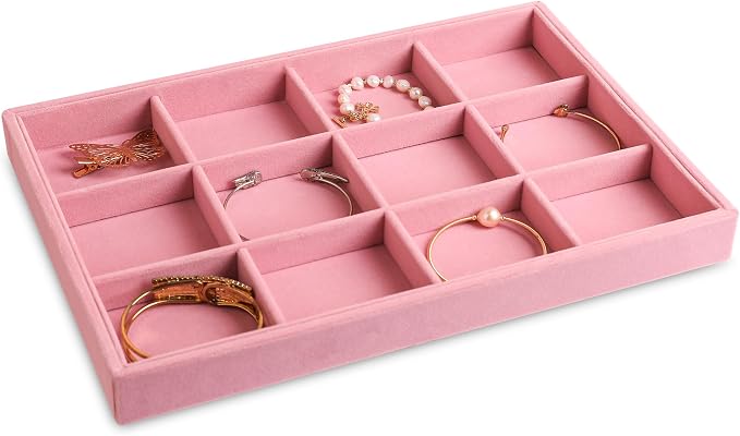 Frebeauty Stackable Velvet Jewelry Organizer Trays for Drawers Inserts Jewelry Storage Tray Display Case, Stud Earrings Bracelets Necklace Rings Accessories Trays for Women(Set of 2)(Pink) - Image 4