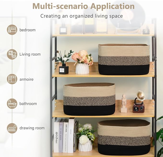 ECDYQXVU Cotton Rope Storage Basket, 15x10x9 Inches, Woven Basket for Shelves, Clothes, Towels, Books, and Laundry, Gradient Black/Brown (1 Pack) - Image 5