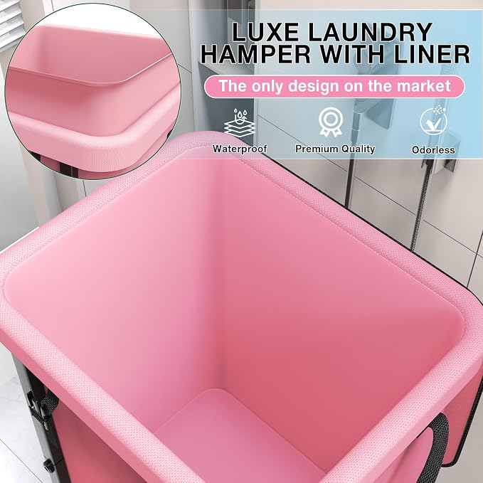 40 Gal(150L) High Grade Large Laundry Basket with Wheels, Rolling Laundry Hamper, Laundry Cart with Metal Frame and Removable Bag Design, Suitable for Laundry Room, Bedroom (Pink, 150L) - Image 3