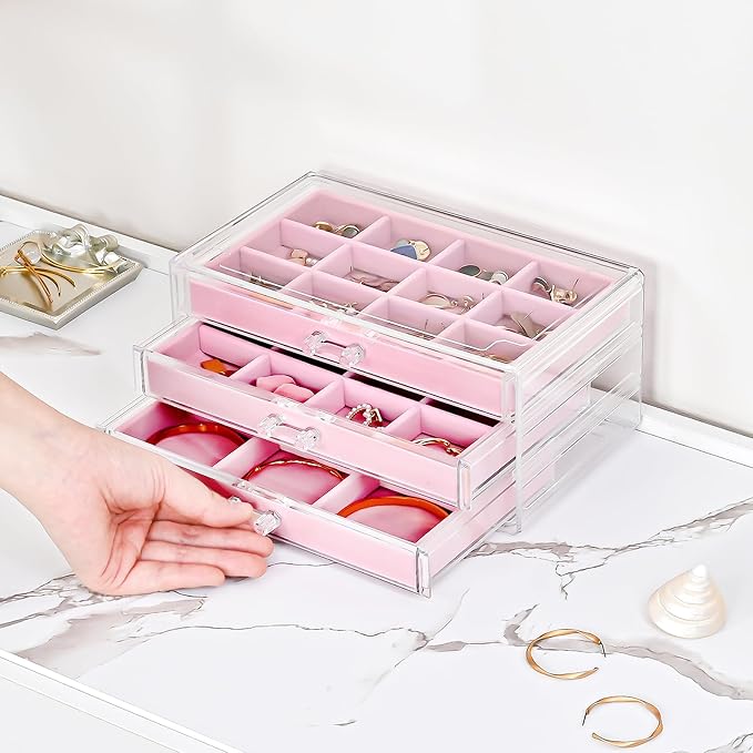 ProCase Earring Holder Organizer Jewelry Box with 3 Drawers, Acrylic Clear Earring Case with Adjustable Velvet Trays for Women - Pink, 3 Layers - Image 3