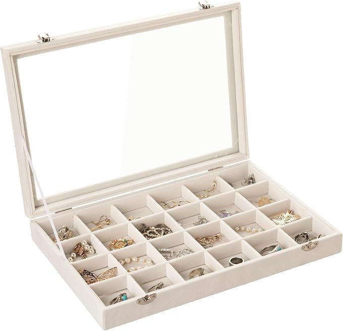 Frebeauty Velvet Jewelry Tray,24 Grid Jewelry Organizer with Clear Lid,Earring Holder Organizer with Clasp,Drawer Insert Rings Pendants Brooches,13.8 x 9.5 x 2 Inches,Gift for Women Girls(Beige) by Frebeauty