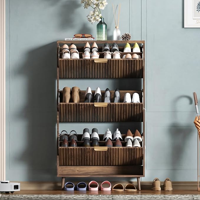 Shoe Cabinet Storage,Modern Freestanding Organizer with 3 Flip Drawers,Narrow Shoe Rack Cabinet for Entryway,Walnut by QIVOMIX