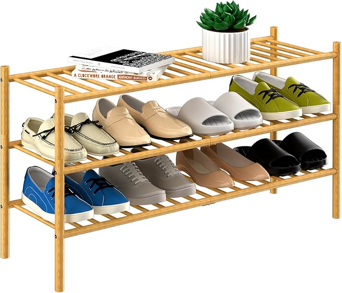 ROMGUAR CRAFT 3-Tier Bamboo Long Shoe Rack, Free Standing Wood Shoe Shelf Storage Organizer for Closet Entryway Stackable 35"x11"x20" (Natural) by ROMGUAR+CRAFT