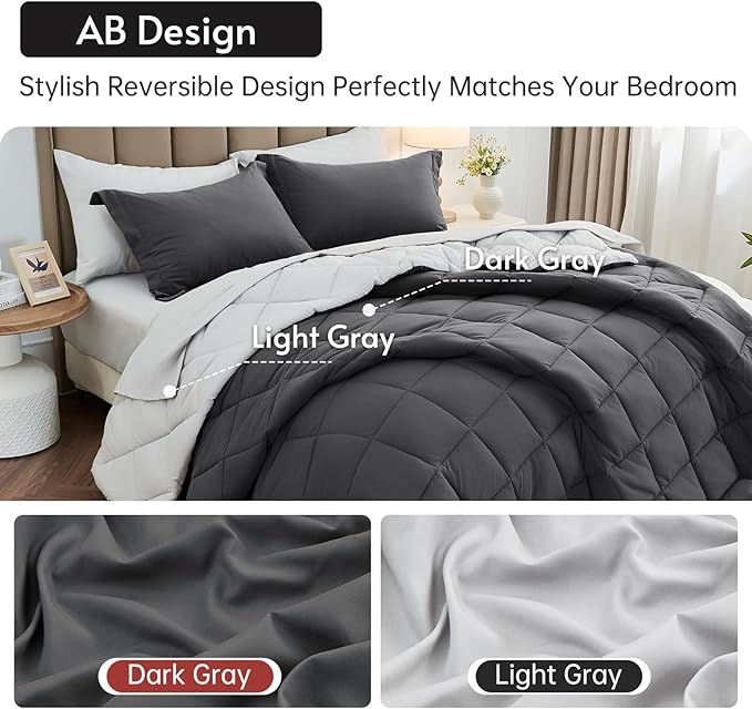 MUXHOMO 7 Pieces Full Comforter Set, Reversible Bed in a Bag Full Size, All Season Bedding Set with Comforter, Flat Sheet, Fitted Sheet, Pillowcases & Shams, Dark Grey & Light Grey