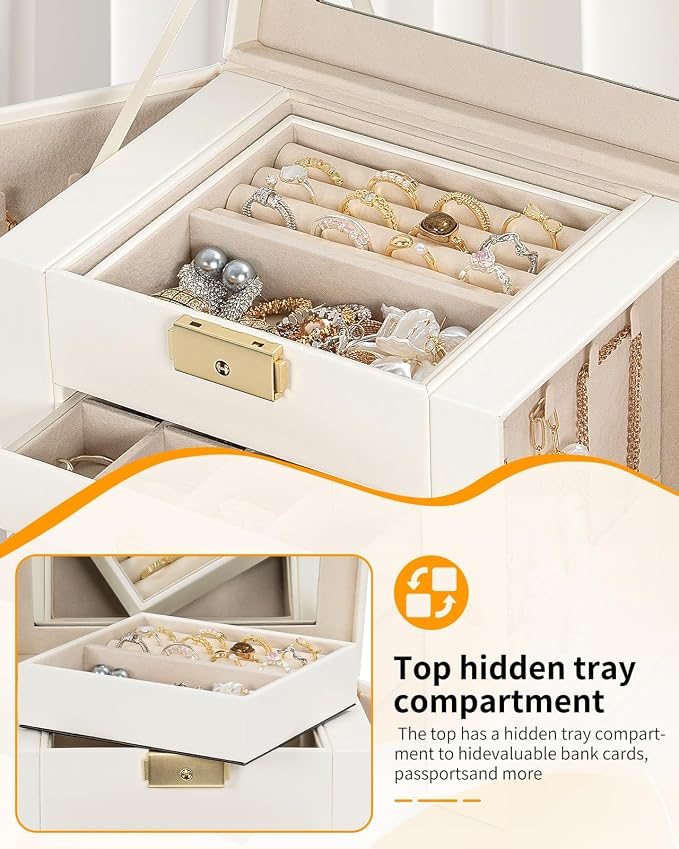 AKOZLIN 4-Tier Jewelry Box Leather Jewelry Storage Organizer with 3 Drawers Lockable for Women Girls Ring Necklace Earring Bracelet Holder with Mirror White - Image 4