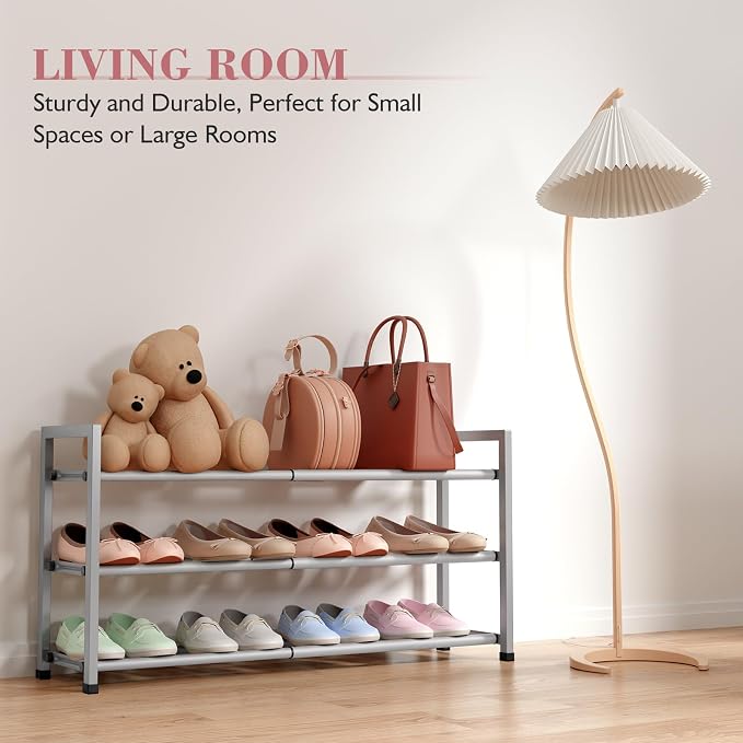Bumusty 3-Tier Expandable Shoe Rack for Closet, 18“-33” Adjustable Shoe Rack for Small Space, Small Shoe Organizer for Front Door, Sturdy Metal, Light Grey - Image 5