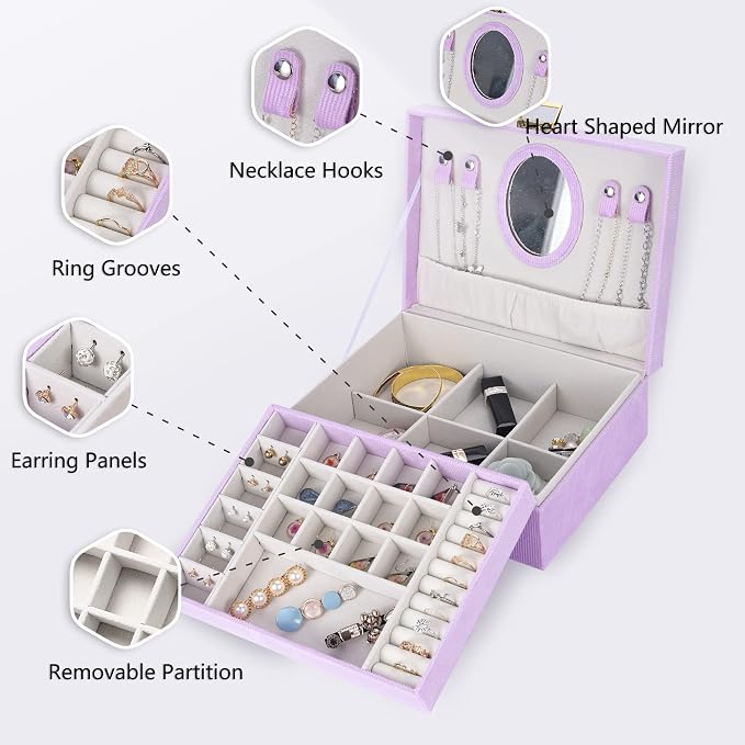 Dajasan Girl's Jewelry Box, Jewelry Organizer Box with Mirror, Velvet Jewelry Box for Little Girls Kids, Jewelry Gift Box for Christmas, Birthday, New Year (Purple) - Image 5