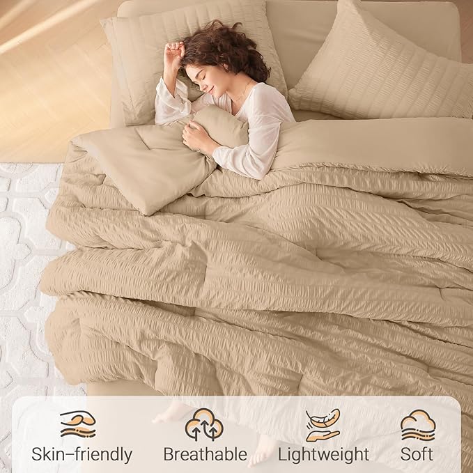 MUXHOMO 7 Pieces Full Comforter Set, Seersucker Bed in a Bag Full Size, All Season Luxury Bedding Set with Comforter, Flat Sheet, Fitted Sheet, Pillowcases & Shams, Khaki